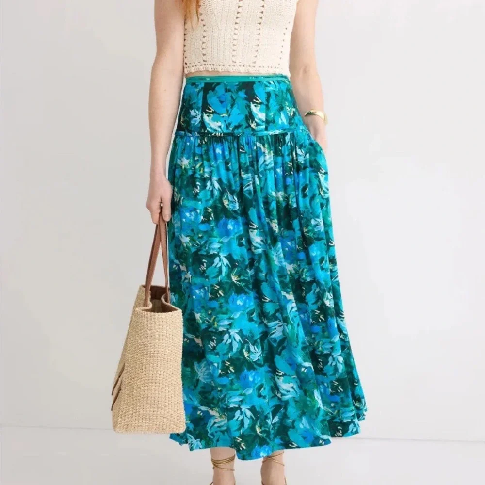 Ulla Johnson Blue Teal Floral Lyocell Maxi Skirt High Waisted Sz 6 Floral Print